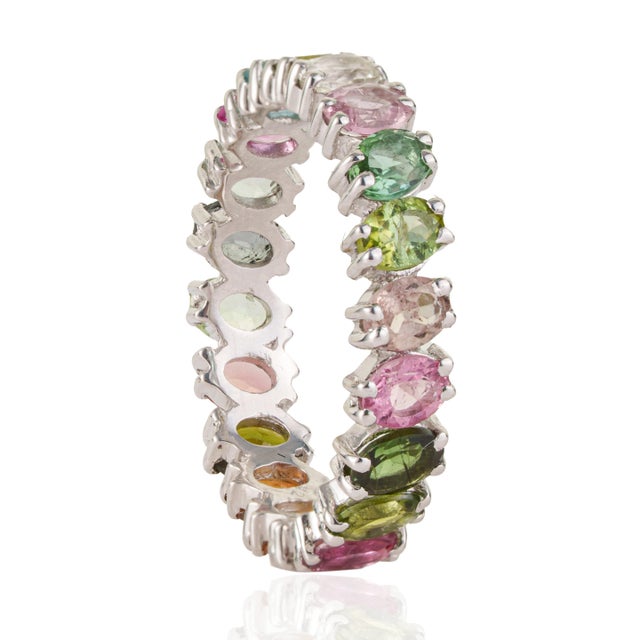 Green Boho 3.74 Ct Oval Multicolor Tourmaline Full Eternity Ring in 925 Sterling Silver Size 7.5 For Sale - Image 8 of 15