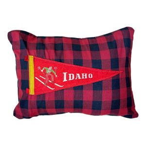 Idaho Ski Vintage Pennant on New Woven Plaid Throw Pillow Red and Black Plaid