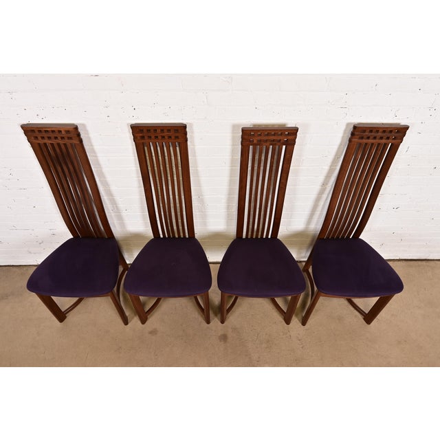 Late 20th Century Frank Lloyd Wright Style Arts & Crafts High Back Dining Chairs, Set of Four For Sale - Image 5 of 14
