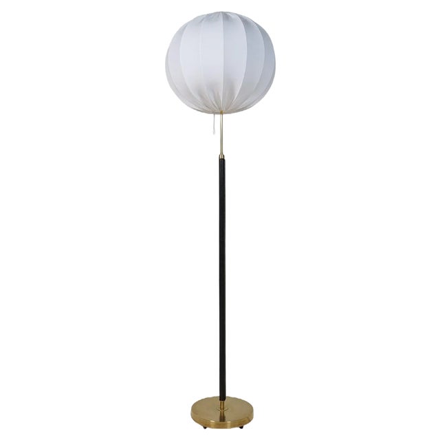 Mid-Century Brass and Black Leather Floor Lamp from Falkenbergs Belysning, Sweden, 1960s For Sale