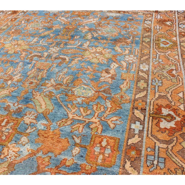 Textile Botanical Design Persian Malayer Antique Rug in Blue, Rust, and Orange Tones For Sale - Image 7 of 12