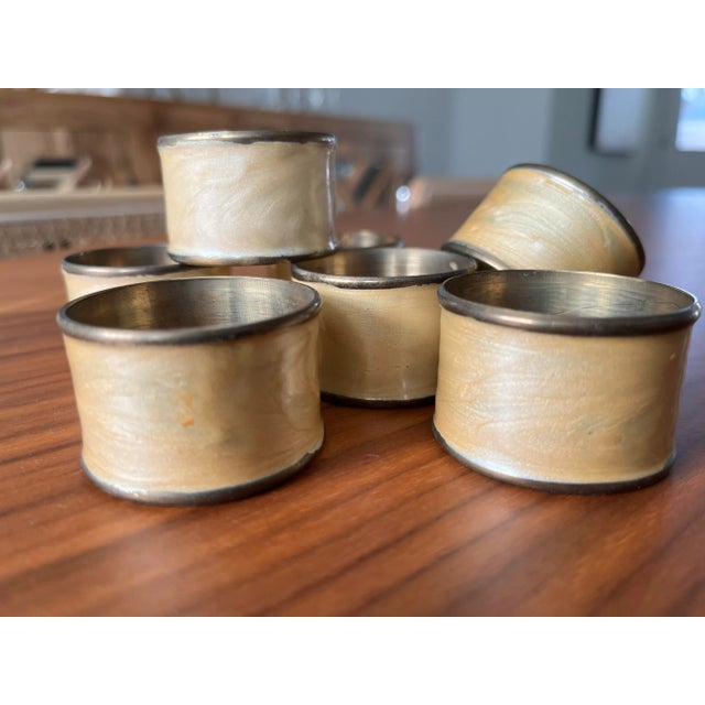 Paint 1960s Pearly Enamel and Brass Napkin Rings-Set of 7 For Sale - Image 7 of 8