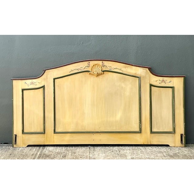 French Provincial Vintage Hand-Painted Wood Queen Headboard For Sale - Image 3 of 12