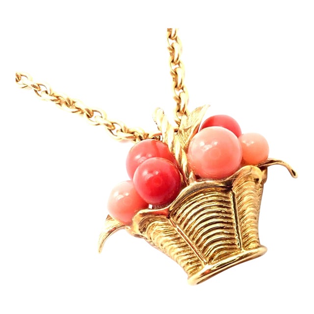 Van Cleef & Arpels 18k Gold Coral Bead Fruit Basket Pendant Necklace For Sale