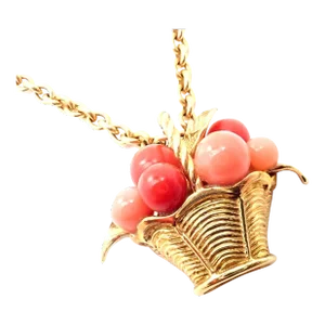 Van Cleef & Arpels 18k Gold Coral Bead Fruit Basket Pendant Necklace