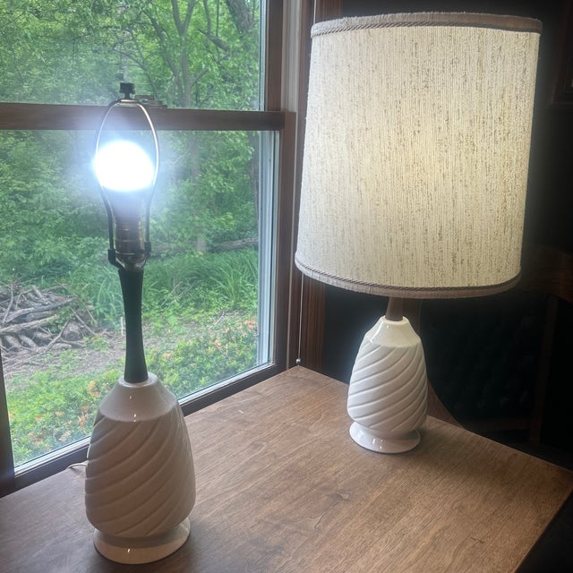 Unbranded; ceramic bases with golden specks; teak wood; original wiring in good condition; all original. Shade...