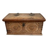 17th Century Spanish Baroque Carved Oak and Iron Chest With Original Key For Sale