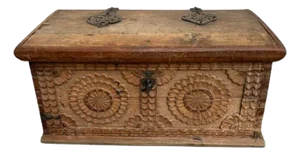 17th Century Spanish Baroque Carved Oak and Iron Chest With Original Key