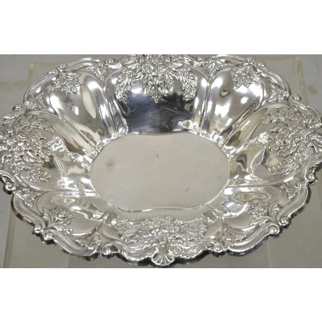 Early 20th Century Victorian Silver Plated Floral Repousse Trinket Dish Serving Fruit Bowl Platter For Sale - Image 4 of 11