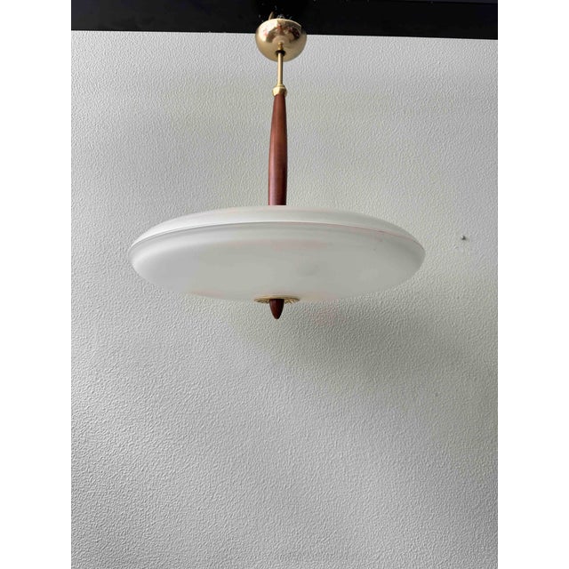 Pendant Lamp in Brass and Teak with Frosted Glass, Italy, 1980s For Sale - Image 4 of 18