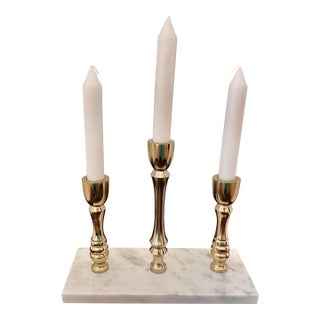 Hollywood Regency Brass Three-Candle Candelabra on White Marble Base For Sale