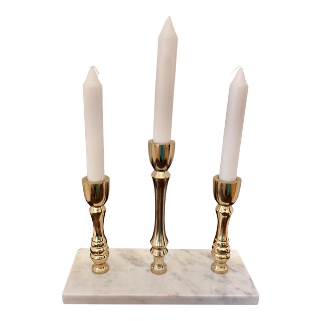Hollywood Regency Brass Three-Candle Candelabra on White Marble Base For Sale