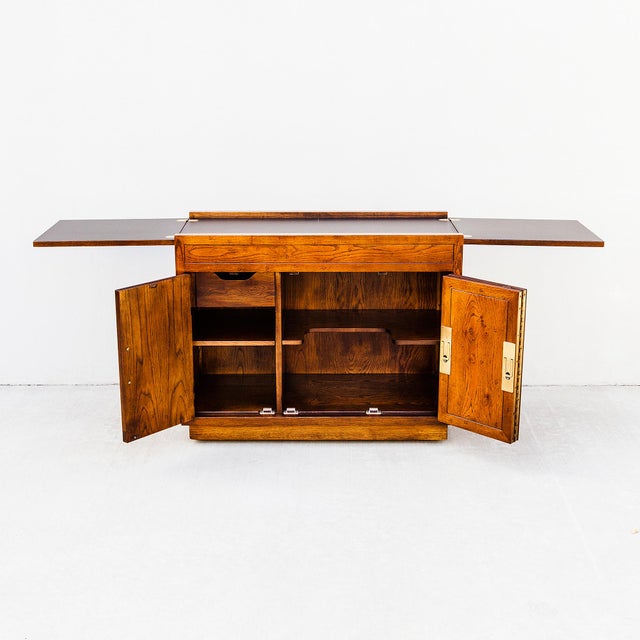Campaign Vintage Mid Century Henredon Campaign Style Bar Cabinet With Brass Accents For Sale - Image 3 of 12