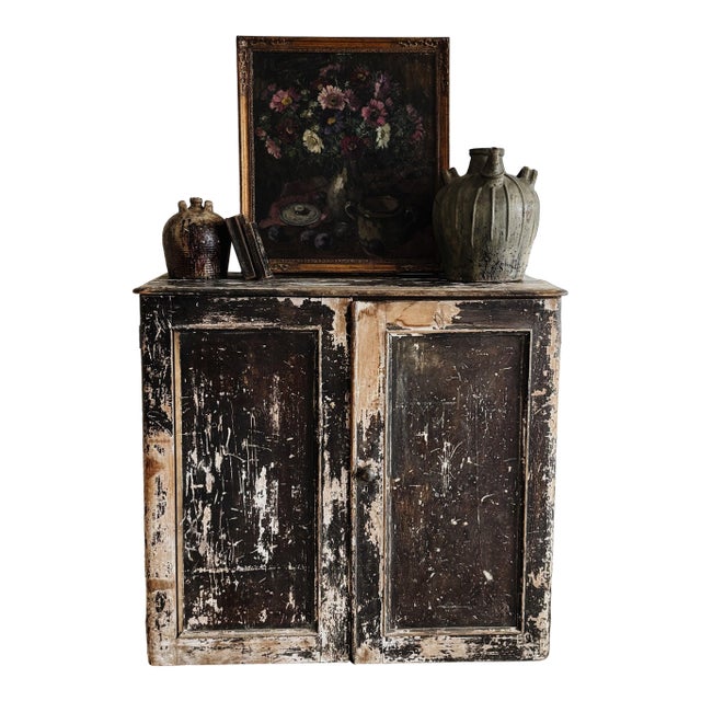 Large Antique English Chippy Painted Black Pine Cupboard For Sale
