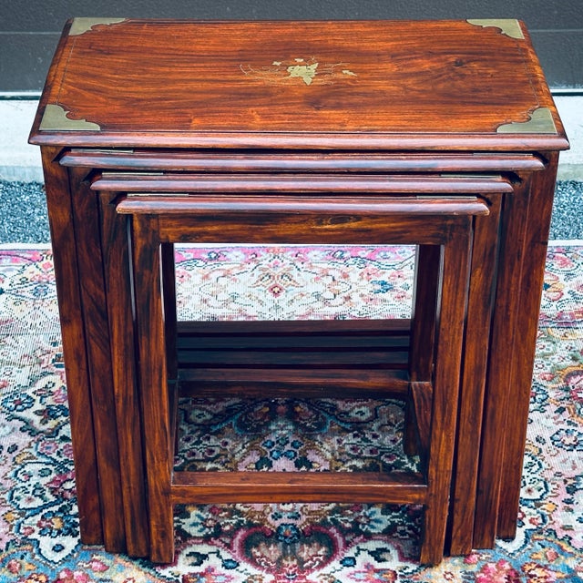 Vintage Brass Inlaid Solid Rosewood Nesting Tables - Set 4 For Sale - Image 11 of 12
