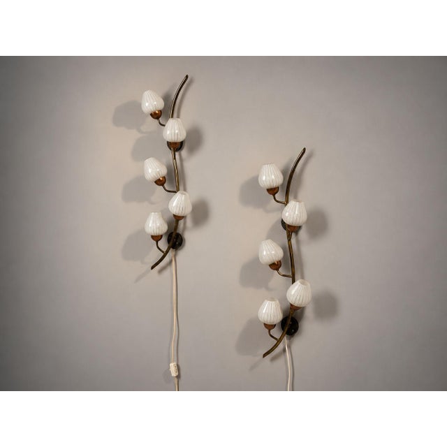 Mid-Century Modern 1940s Mid-Century Modern, Astra, Monumental Floral Sconces, Copper, Brass, Glass - a Pair For Sale - Image 3 of 14