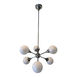 1960’s Gaetano Sciolari Style 6-Arm Torchere White Globe and Chrome Plate Sputnik Chandelier For Sale