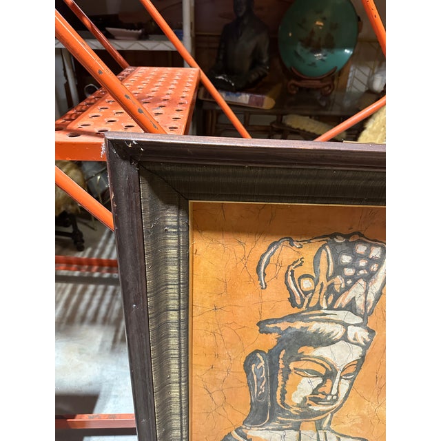 Wood Vintage Orange Asian Painting in Wooden Frame For Sale - Image 7 of 7