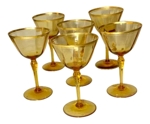 Vintage Amber Sherry Glasses With Gilt Rim Design - Set of 6