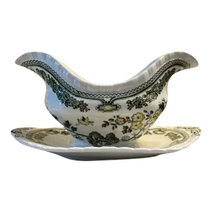 Mason’s Ironstone Manchu Green Gravy Boat With Attached Plate Vintage