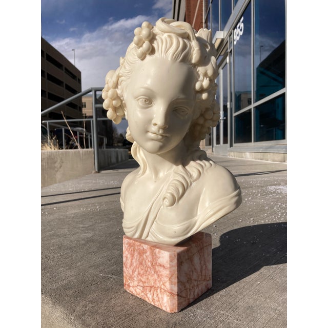 Marble bust of 19th century French woman on marble cube mount, after Grinam Niam, Paris.