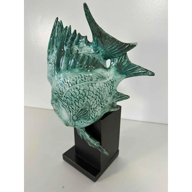 Art Deco Light Blue Porcelain and Ebonized Wood Fish Sculpture from G. Cacciapuoti, 1930s For Sale - Image 4 of 8