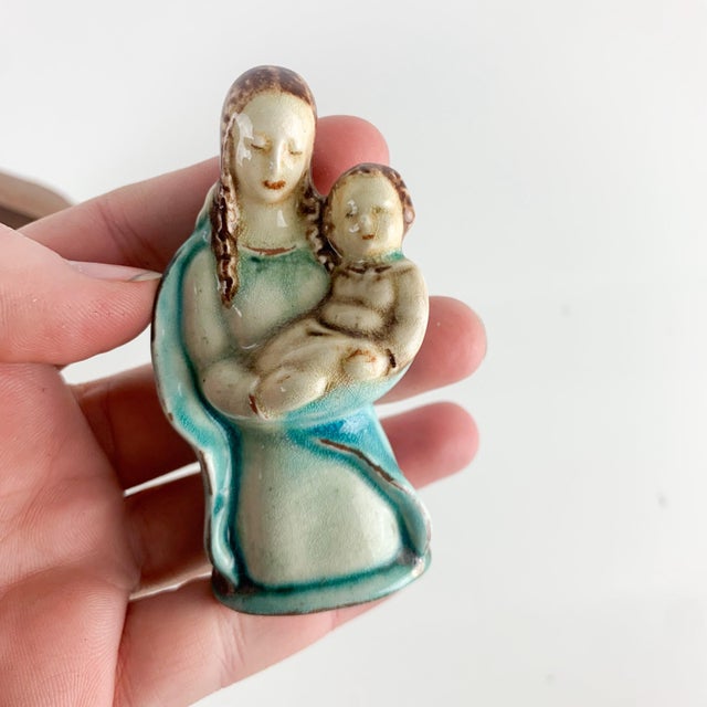 Rare Vintage Karlsruhe Germany Madonna Child Jesus Pottery Figurine Shrine House For Sale - Image 4 of 10