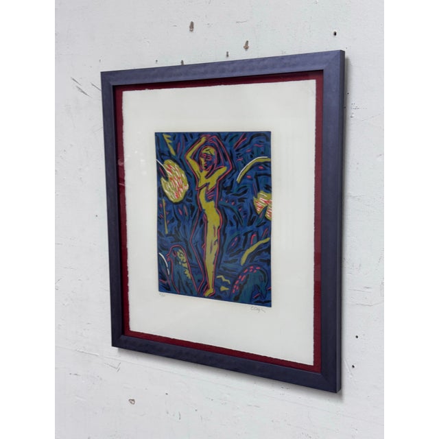 Design Plus Gallery presents "Yellow Dancer" by Carol Doyle (1946–2006). This linocut print presents a striking figurative...