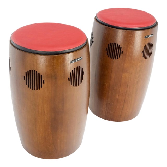 Pair of Vintage Drum Shape Bar Stools SONY Speakers Reversible Seats For Sale