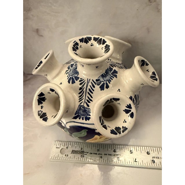 Mid-Century Modern Vintage Hand Painted Delft Blue & White 6 Arms Holland Tulipiere Tulip Vase For Sale - Image 3 of 6