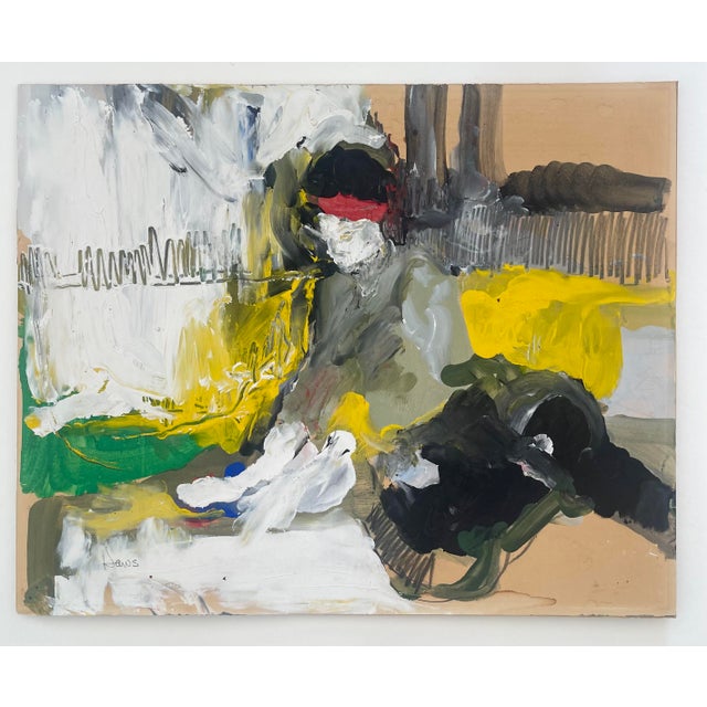 Late 20th Century abstract figure painting. Shades of black, gray, white, yellow, green, blue and red. Paper adhered to...