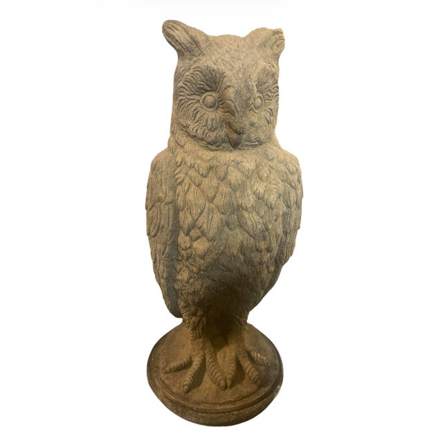 vintage garden sculpture depicts a Great Horned Owl, masterfully rendered in heavy cast stone. Originating from England,...
