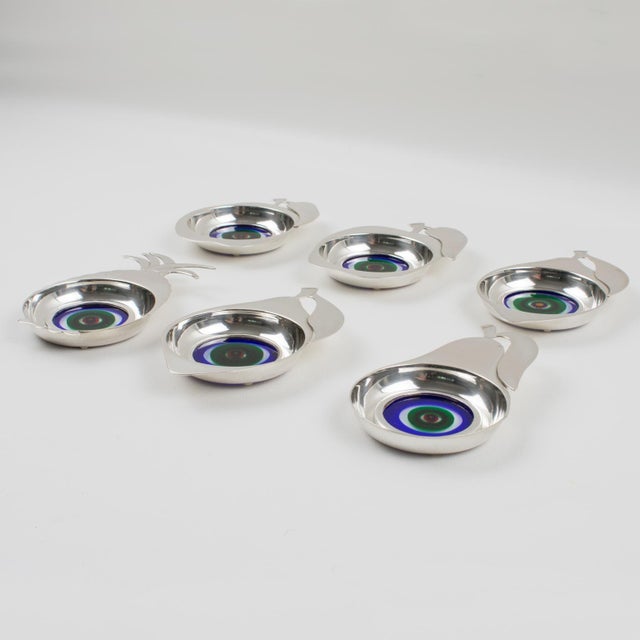Rare Italian Sterling Silver and Murano Glass Fruit Coaster Set, circa 1960 Elevate your private barware collection with...