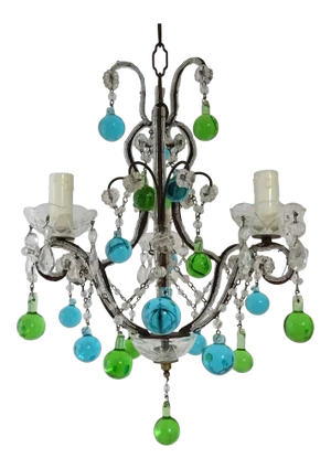 Italian Petit Blue & Green Murano Drops Beaded Crystal Chandelier, Circa 1920