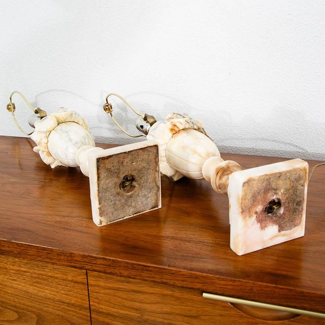 Mid-Century Modern Mid Century Modern Table Lamp Set Pair Italian Alabaster Marble White Working For Sale - Image 3 of 10