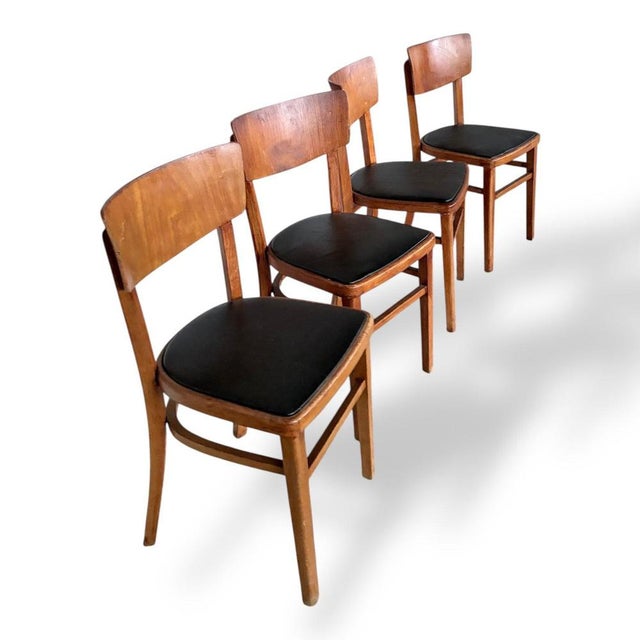 Contemporary Mid-Century Beech Dining Chairs with Black Vinyl Seats, 1950s, Set of 4 For Sale - Image 3 of 8