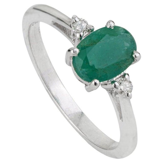 Everyday Oval Emerald Gemstone and Diamond Ring in Sterling Silver, Size 6 For Sale - Image 6 of 12