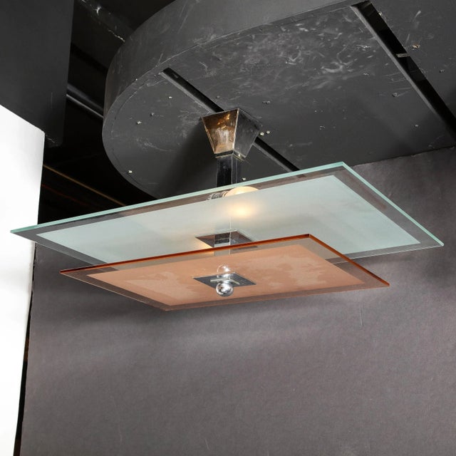 Rose 1930s Art Deco Two-Tier Chandelier in Rose & Clear Frosted Glass by Petitot For Sale - Image 8 of 13