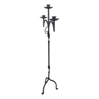 Hand Forged Iron Floor Candelabra 46.5″ (118cm) Antique Copper Patina 3-Arm Wide Base Stable Candle Holder Rustic Decor For Sale