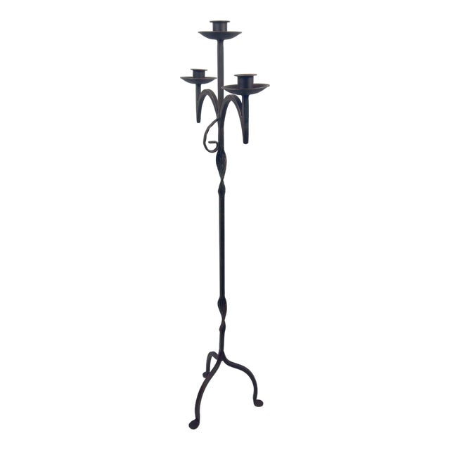 Hand Forged Iron Floor Candelabra 46.5″ (118cm) Antique Copper Patina 3-Arm Wide Base Stable Candle Holder Rustic Decor For Sale