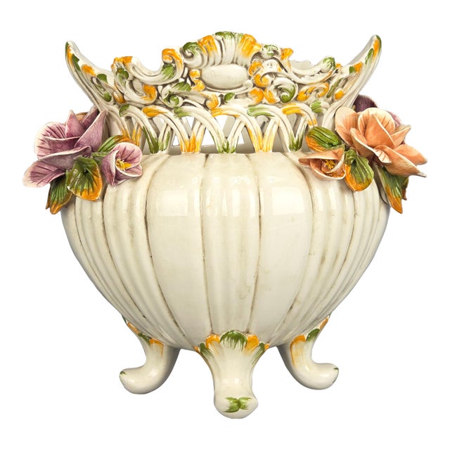 Vintage Italian Ceramic Planter Cachepot With Hand Painted Flowers and Feet For Sale