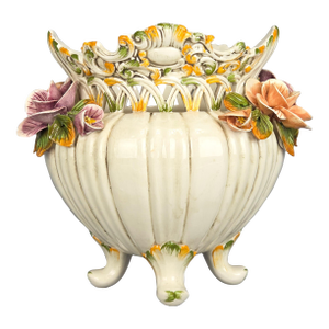 Vintage Italian Ceramic Planter Cachepot With Hand Painted Flowers and Feet