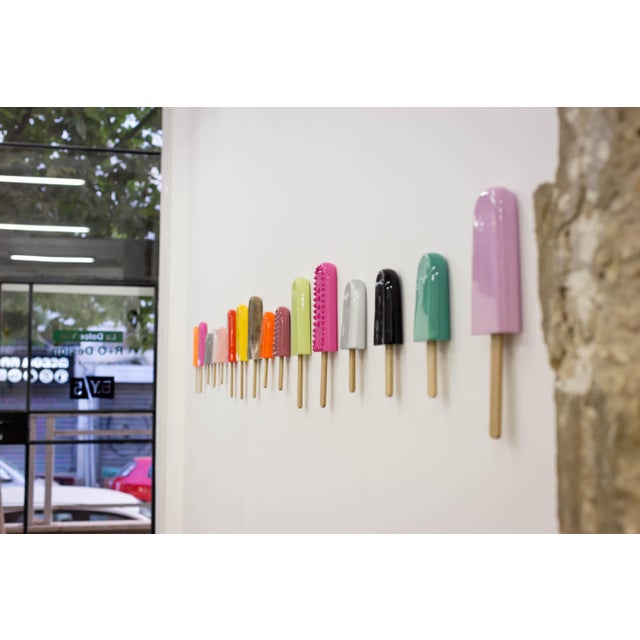 Yellow Ice Pop Ceramic Wall Sculpture With Natural Oak Wood Stick For Sale In New York - Image 6 of 11
