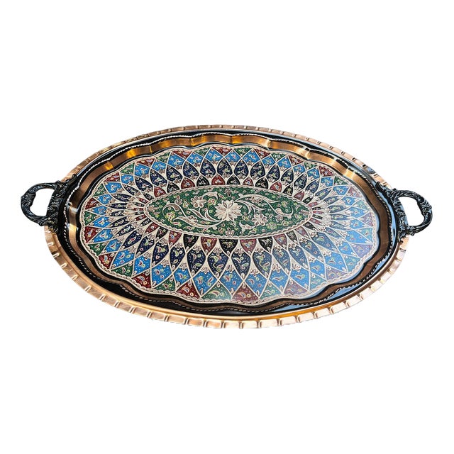 Hand Carved Colorful Copper Serving Tray with Handles For Sale