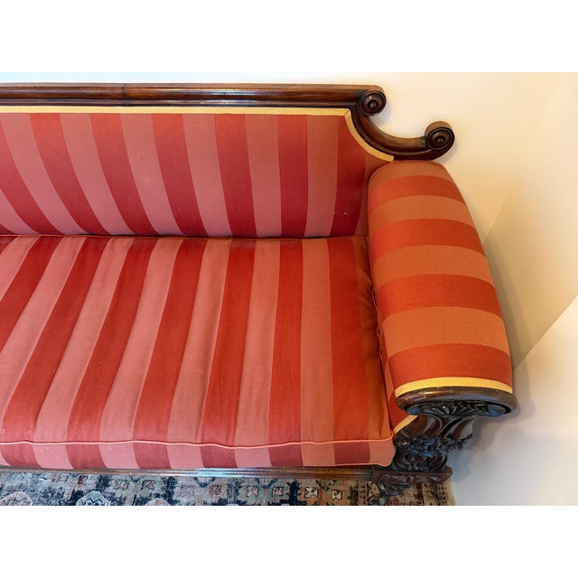 Antique Late Regency William IV Mahogany Settee in Clarence House Wool Stripe For Sale - Image 11 of 13