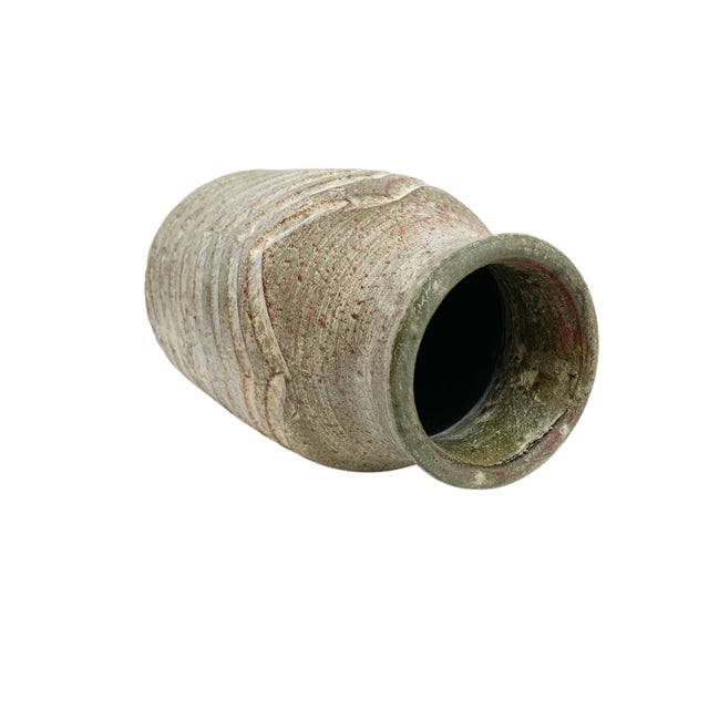Rustic Blue Green Ceramic Vase With Chevron Carving For Sale - Image 4 of 5