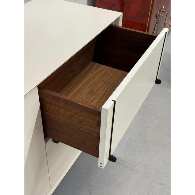 BDDW Lake Credenza White Lacquer Ebonized Hardware Walnut Interiors, Attributed For Sale - Image 13 of 18