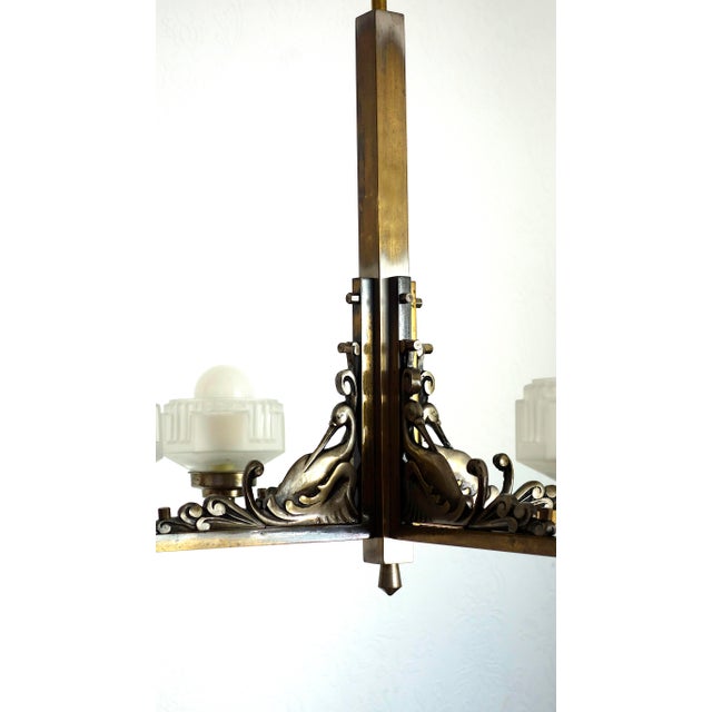 French Art Deco Brass and Satin Glass 4-Light Chandelier, 1920s For Sale - Image 9 of 15