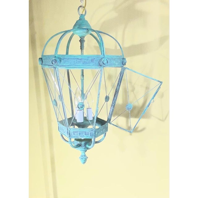 Vintage Style Solid Brass Verdigris Hanging Lantern - Restored & Rewired / 23”h For Sale - Image 14 of 18