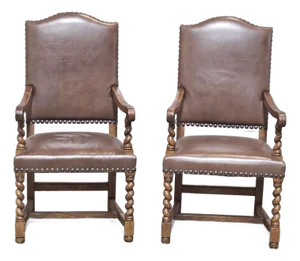 Late 20th Century Pair of Stickley Antiquities Oak Twisted Barley Leather Arm Chairs Jacobian Look